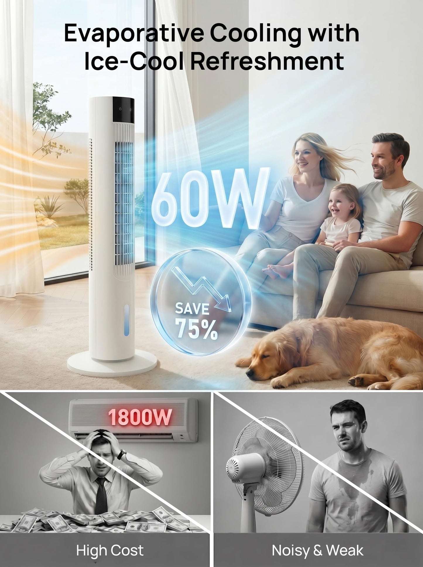 35" Evaporative Air Cooler, 3-In-1 Swamp Cooler, Portable Air Conditioners No Windows Needed, 3 Speeds, 4 Ice Packs, 12H Timer, 80° Oscillation, Remote, AC Cooling Fan for Bedroom, Room