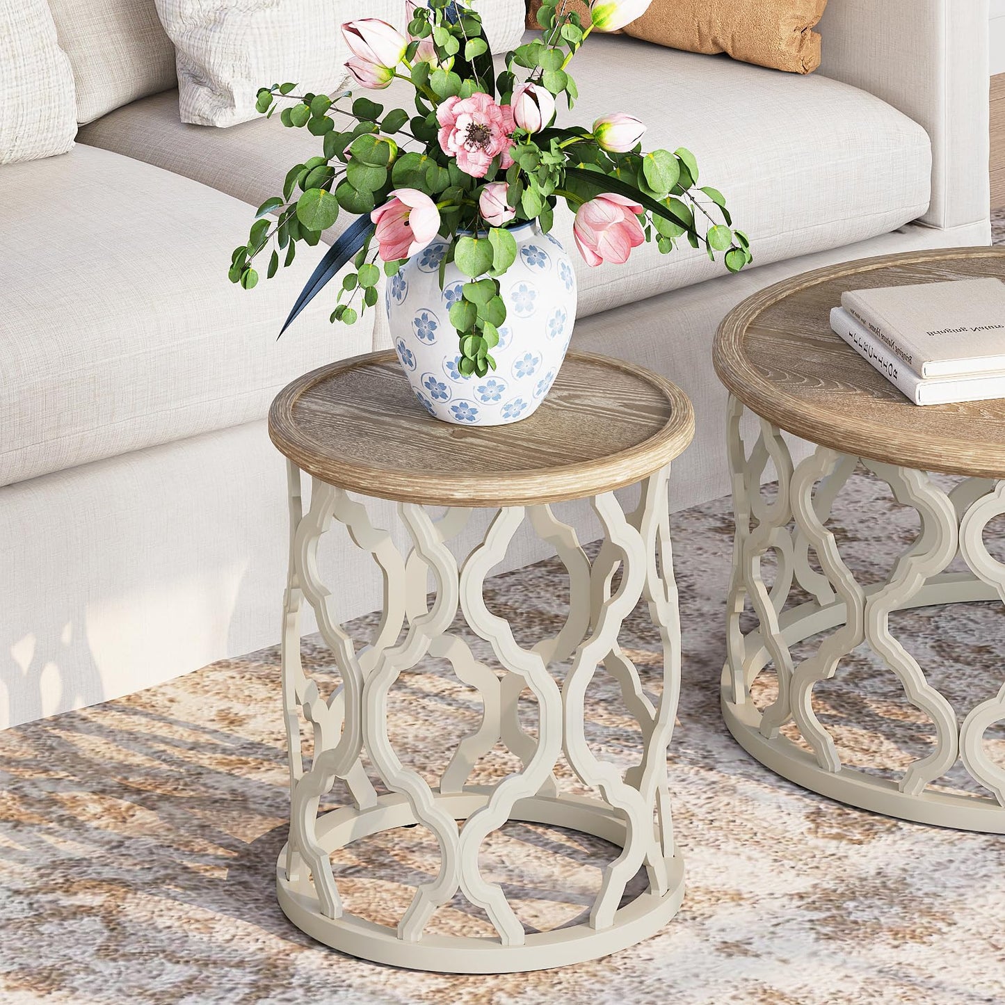 karlott Farmhouse End Table, 18.5'' French Country Round Side Table, Distressed Tray Top Side Table with Curved Motif Frame Base for Boho, End Tables Living Room, Bedroom, Small Space, Cream Beige