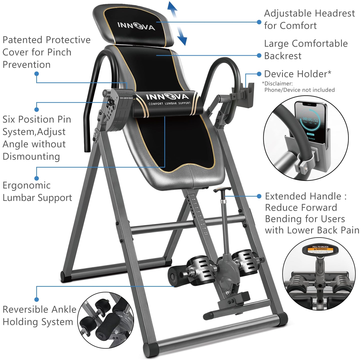 Innova Health and Fitness Inversion Table with Adjustable Headrest, Reversible Ankle Holders, and 300 lb Weight Capacity - Premium A