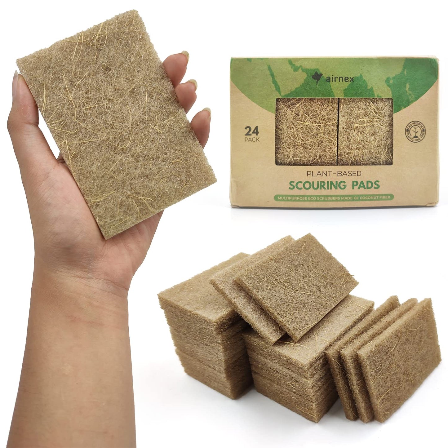 AIRNEX Plant-Based Scouring Pads for Dishes - Coconut Husk Non Scratch Scrub Pads - Natural Kitchen Scrubbing Pads for Pots & Pans - Eco Friendly & Non Abrasive Dish Scrubber Pads - Pack of 24