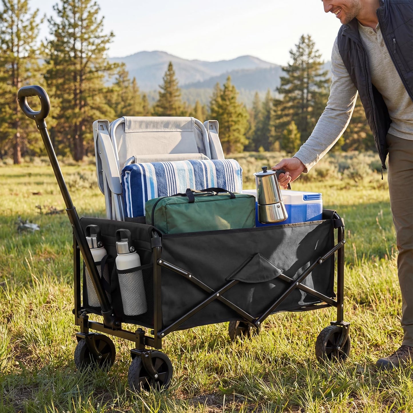 DUMOS Collapsible Wagon Cart, Heavy Duty Foldable Utility Wagon with Wheels – 220 lbs Capacity, Flexible Handle for Beach, Garden, Sports, Grocery & Camping, Black