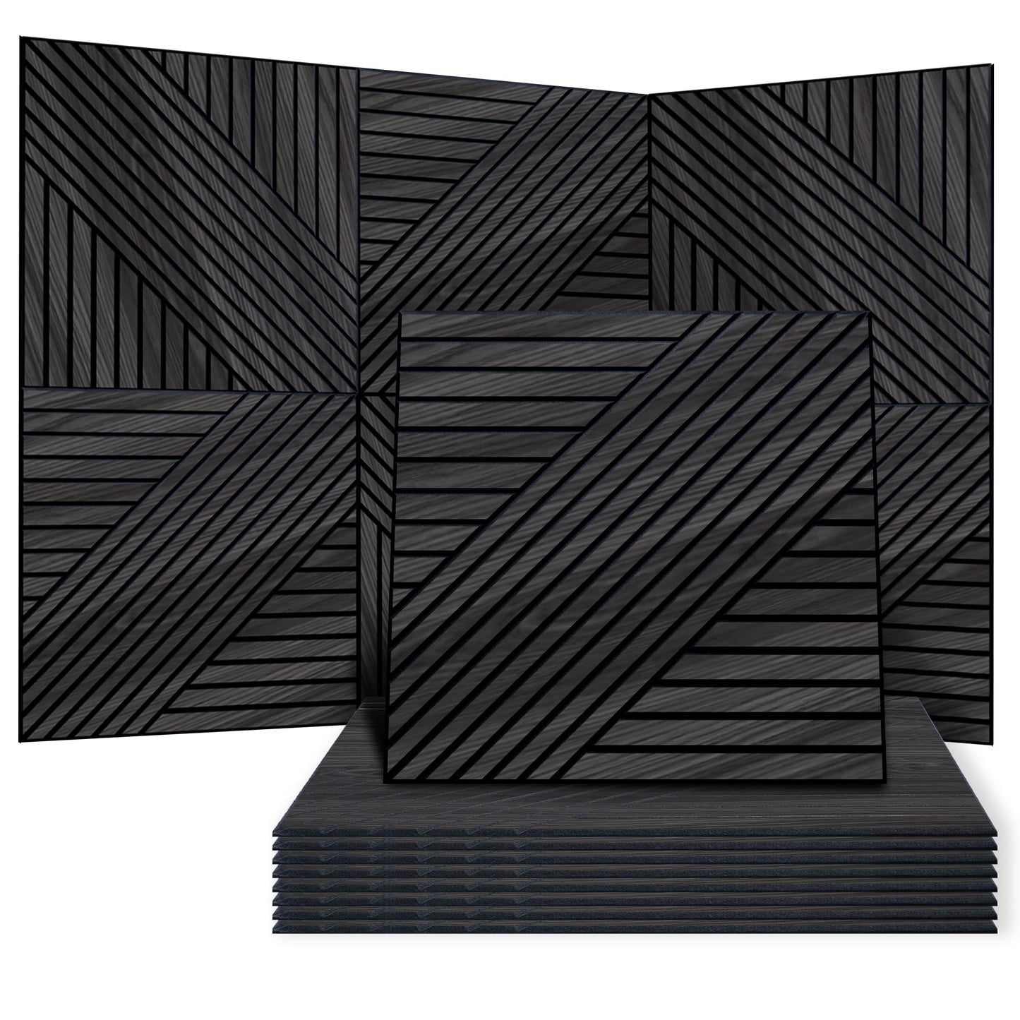 WoveN SounD Artisan Acoustic Wall Panels, 23.6x23.6 Inch 8 Pack, PVC Wood Grain Veneer Carved Sound Proof Wall Decor, Self-Adhesive for Home, Studio, Office & Focus Zones, Geometric Locus, Black Oak