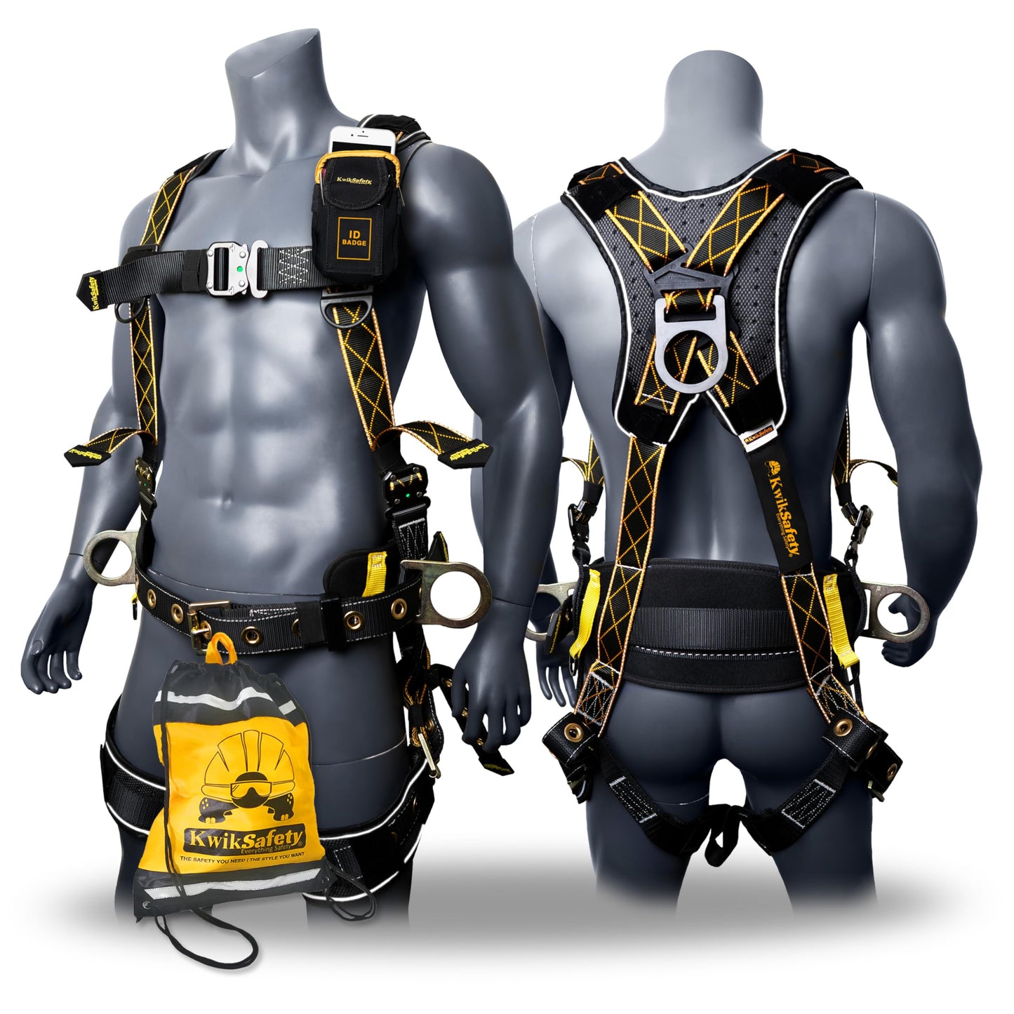 KwikSafety - Charlotte, NC - TYPHOON DiamondBACK Safety Harness [BACK SUPPORT + TONGUE BUCKLES] ANSI OSHA Premium 3 D-Ring Fall Protection Black Full Body Fall Arrest Construction Roofing Gear