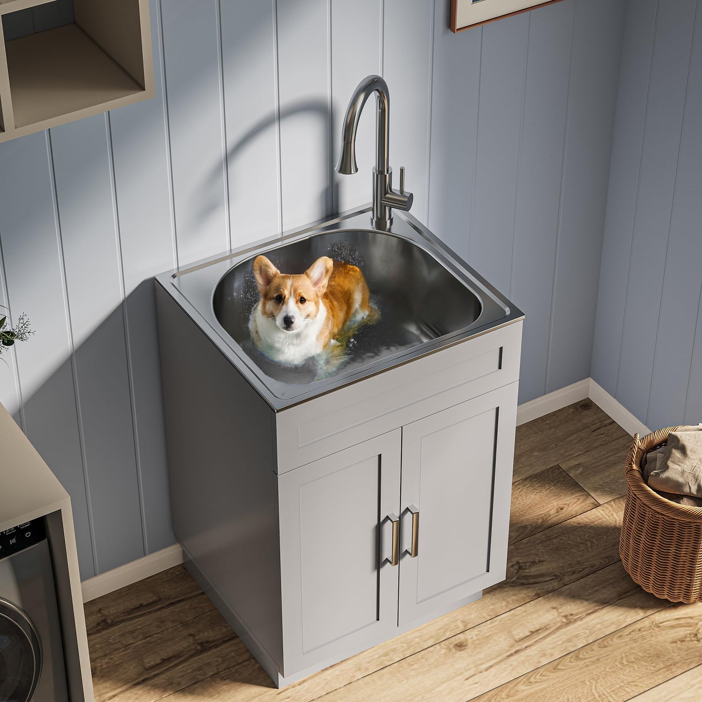 ANCTOR 24 Inch Laundry Sink with Cabinet, Stainless Steel Utility Sink Cabinet with Pull-Out Hot/Cold Faucet Metal Hooks Freestanding Deep Utility Sink for Laundry Utility Room Kitchen Garage