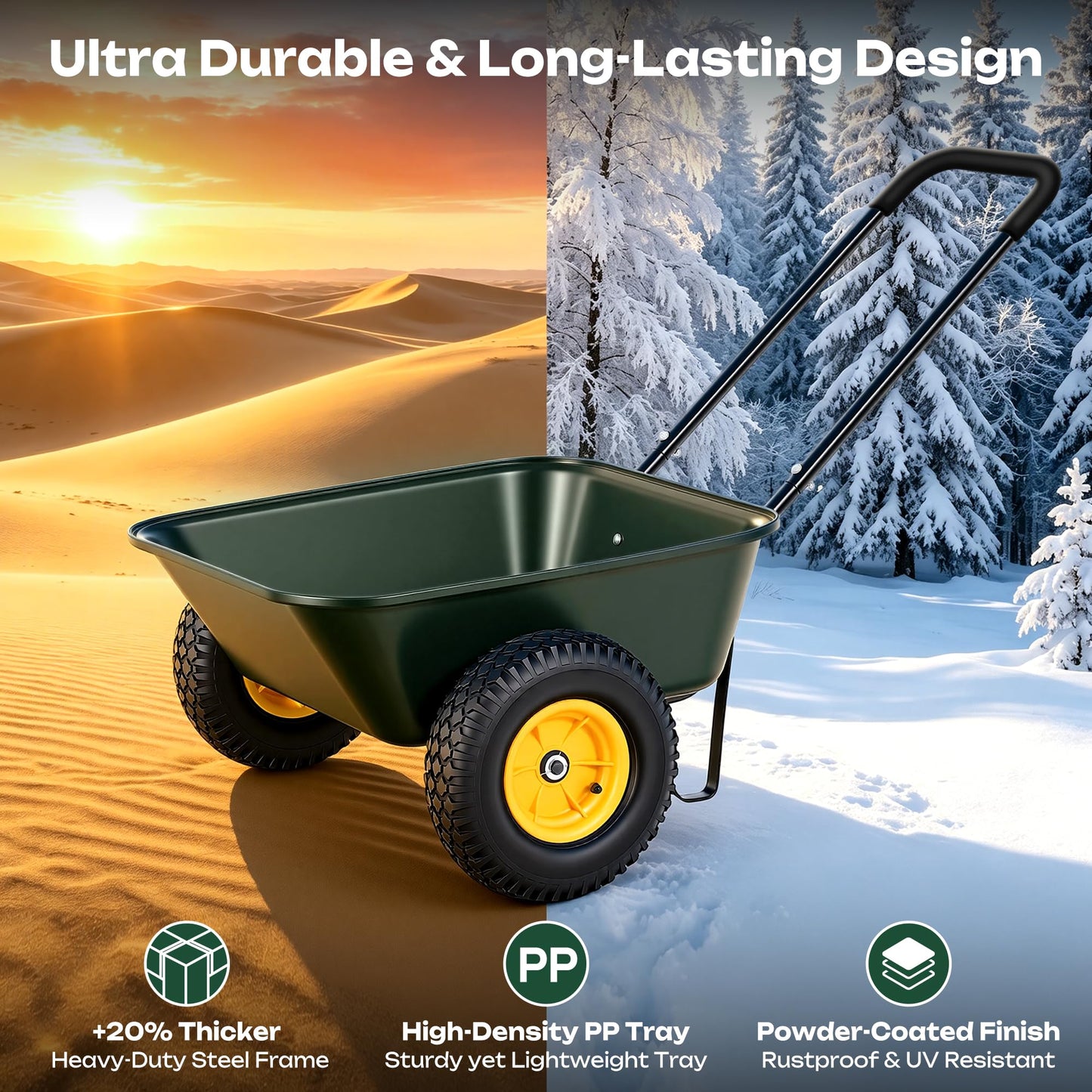 Autodaya 2 Wheel Wheelbarrow, Dual-Wheel Garden Dump Cart with 10" Non-Slip Pneumatic Tires & Ergonomic Padded Handle, Heavy-Duty Home Utility Yard Cart Wagon for Lawn, Farm, Porch, Gardening, Green