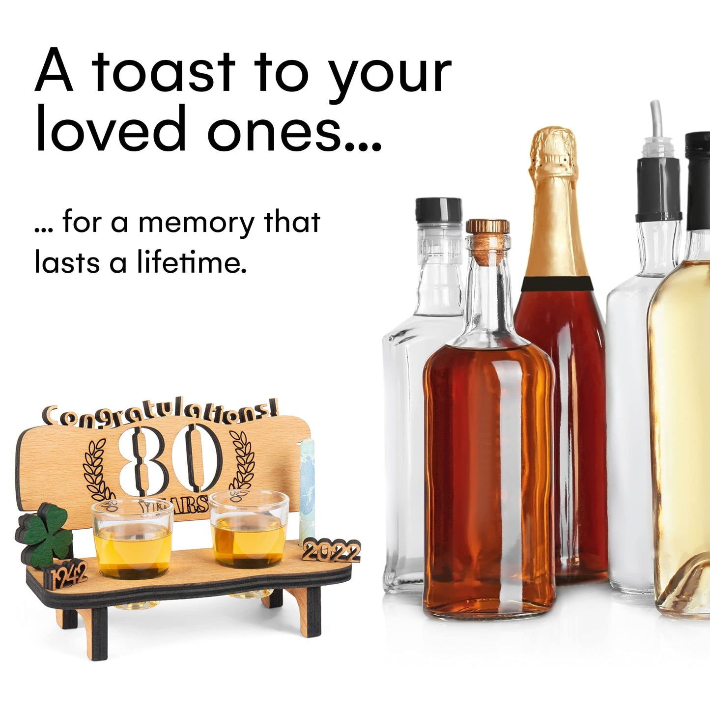 Brynnberg Wooden Bench with Shot Glasses - 80 Engraved (Years Available 10-90) - Original, Funny and Emotional Gift for Wedding, Anniversary or Birthday - 2 Shot Glasses and Wood Four-Leaf Clover