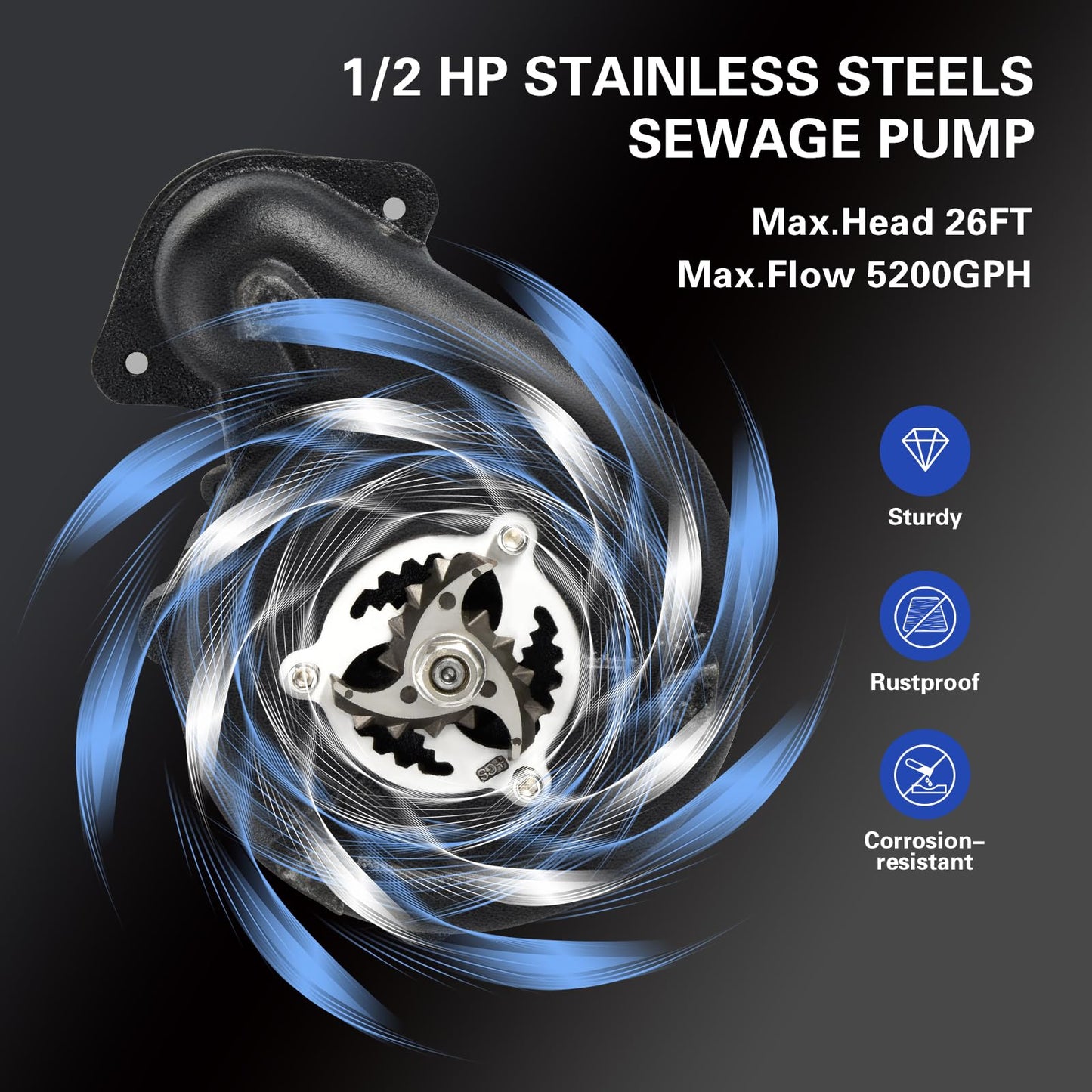 Heavy Duty Submersible Effluent Pump, Stainless Steel Housing, 10ft Power Cord, Non-Clogging Centrifugal Impeller, for Sump and Light Applications