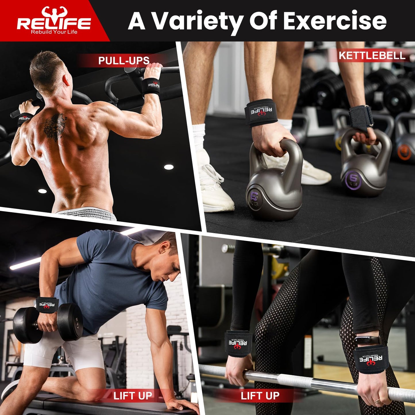 RELIFE REBUILD YOUR LIFE Lifting Hooks for Men and Women(Pair), Pull Up Straps, Gym Reapers Lifting Wrist Grips, Heavy Powerlifting, Lifting Hooks for Weight Lifting Black