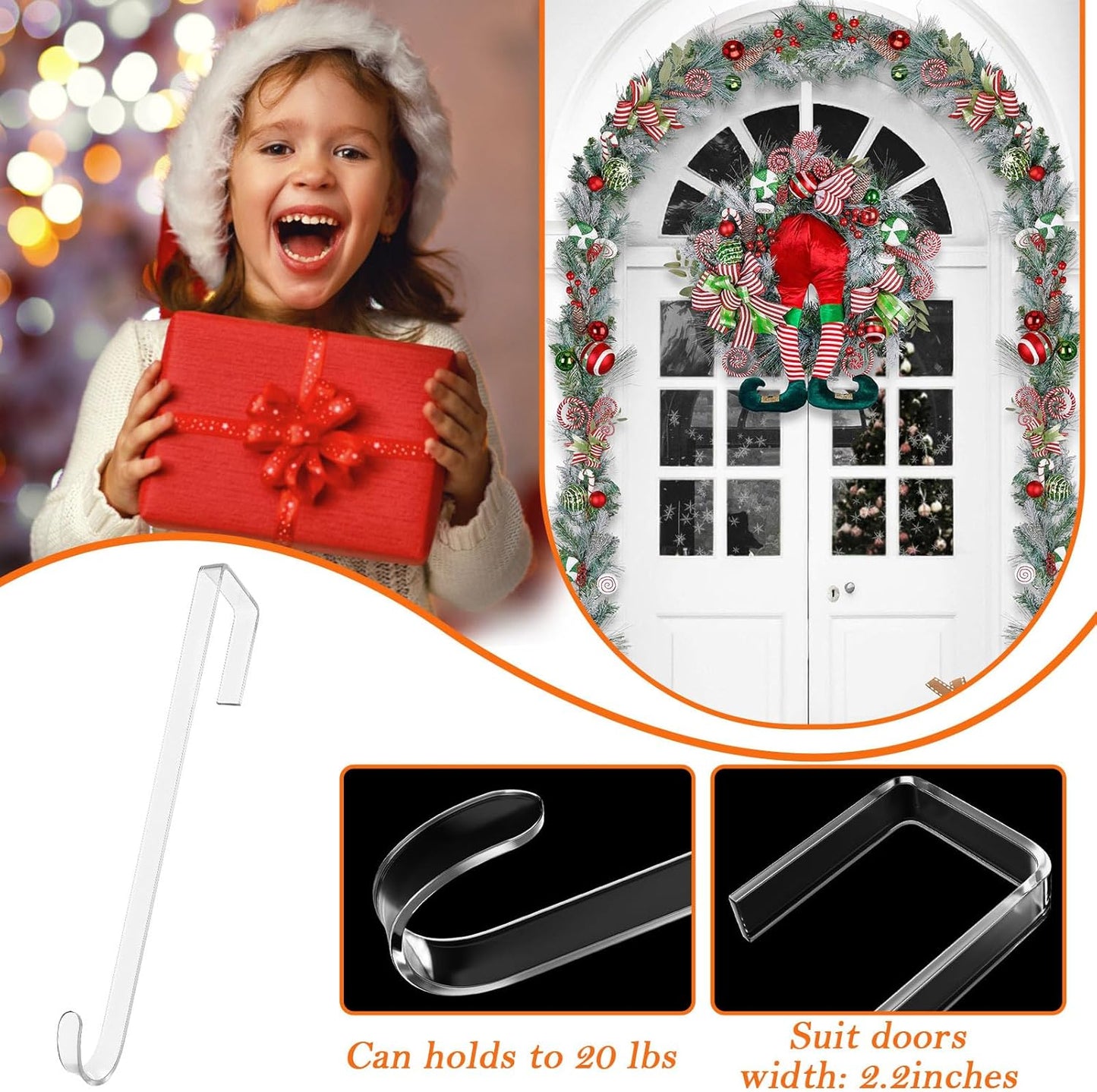 Skiennix 12-Inch Wreath Hangers - Clear Over-The-Door Hooks, 2-Pack Non-Scratch Design for Holiday Decor