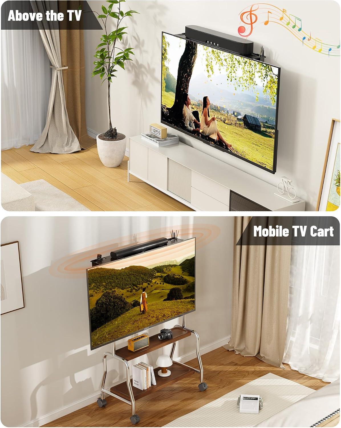 CUISIBOT 15 lbs, (33.8") Soundbar Mount, No Drilling Steel TV Top Shelf with Storage Boxes, Sound bar Mount up