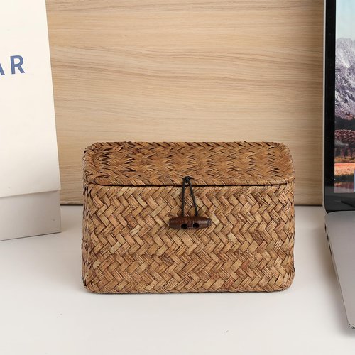 GUSHBIN Handwoven Wicker Storage Basket Small Seagrass Box with Lid Multipurpose Table Organizer for Dental Floss Paper Clip Holder, 6.1" x 4" x 3.3"