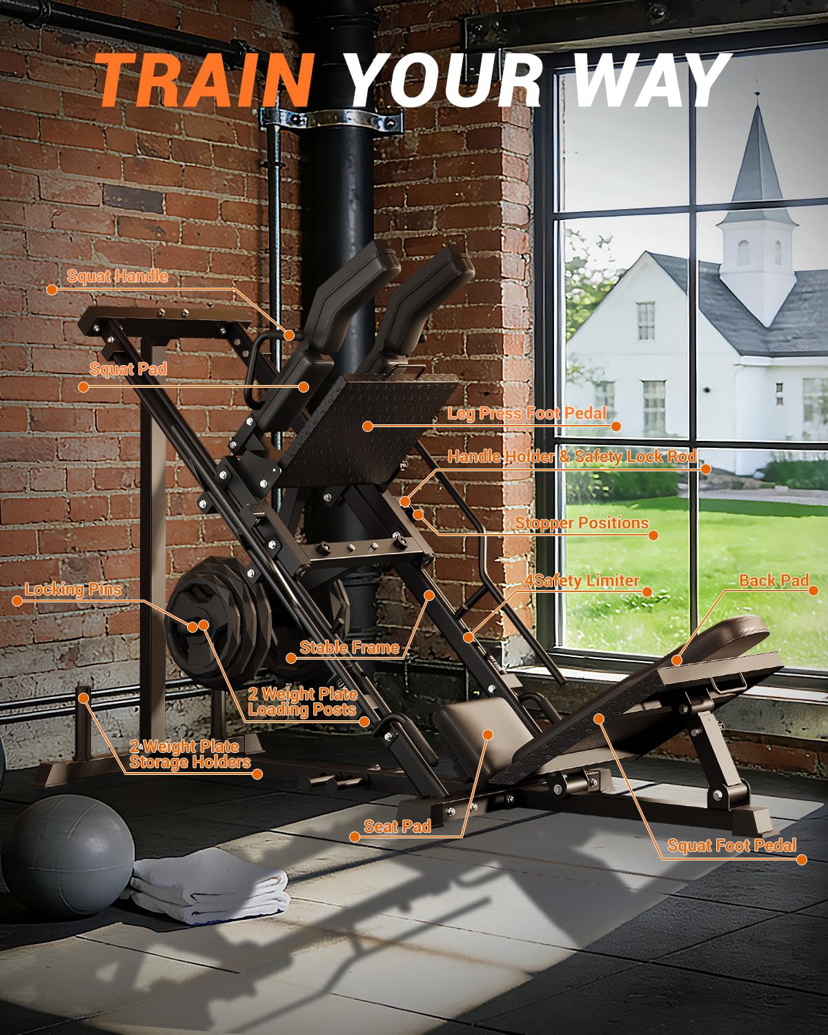 2-in-1 Leg Press & Hack Squat Machine, Linear Bearing Smooth Track, Fits 1" & 2" Weight Plates, 1200LB Capacity, 4-Position Safety Stops, Quick-Change Footplate, Plate Storage (Weights Not Included)