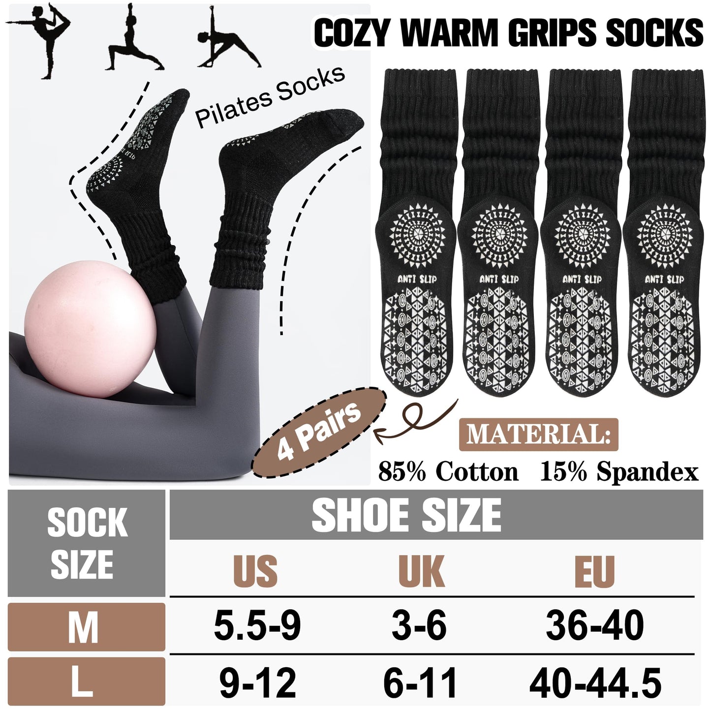 Sandsuced Pilates Grip Slouchy Yoga Socks Winter Warm Cozy Scrunch Boot Grippy Crew Slipper Socks 4 Pairs for Women Gift Stocking Stuffers(Black,M)