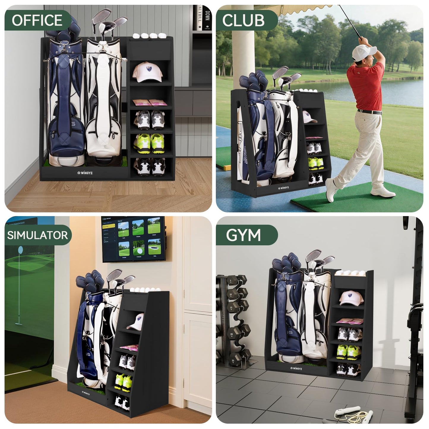 WINGYZ Premium Birch Plywood Golf Bag Storage for 2 Bags | 36lb Rock-Solid Golf Bag Organizer | 7-Shelf Command Center | Artificial Turf 12-Ball Display | No Wall Mounting Required (Black)