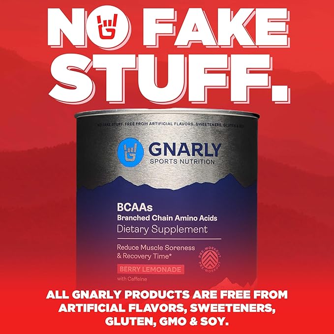 Gnarly Nutrition BCAA Powder, Berry Lemonade ??Pre-Workout BCAAS Amino Acids ??NSF Sport Certified ??Supplement to Support and Rebuild Muscle ??Berry Lemonade with Caffeine, 10.58 oz