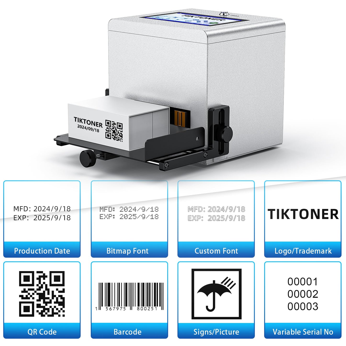 TIKTONER Inkjet Coding Machine, Date Printer with 7-inch Touch Screen Batch Code Printer with 42ml Quick-Drying Ink Cartridge Inkjet Coder for Barcode/QR Code/Number/Picture Print on Many Materials