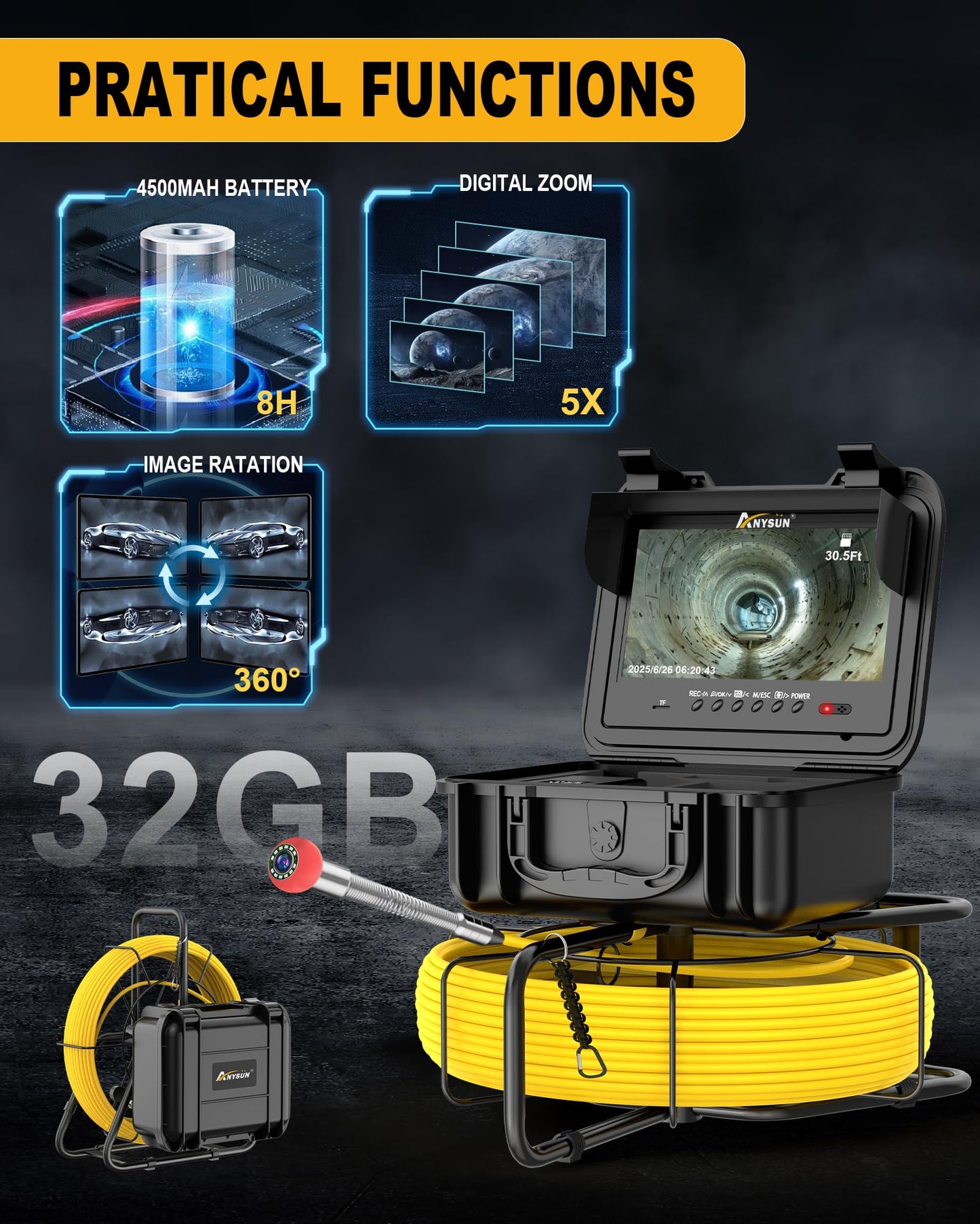 Anysun Self Leveling Sewer Camera with Locator, Distance Counter, 7MM Thicker Cable, 300Ft/91.5M Pipe Inspection Cameras with 9'' 1080P IPS Screen, IP68 Sewer Drain Cam with DVR Recorder & 32GB Card