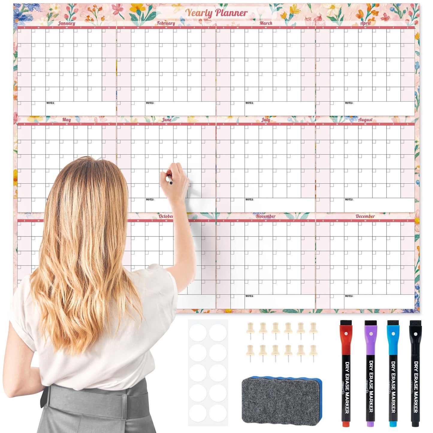 Ospelelf Undated Large Wall Calendar Dry Erase Laminated 2026 Calendar 36.6'' x 48'' Yearly 12 Month Family Office Calendar