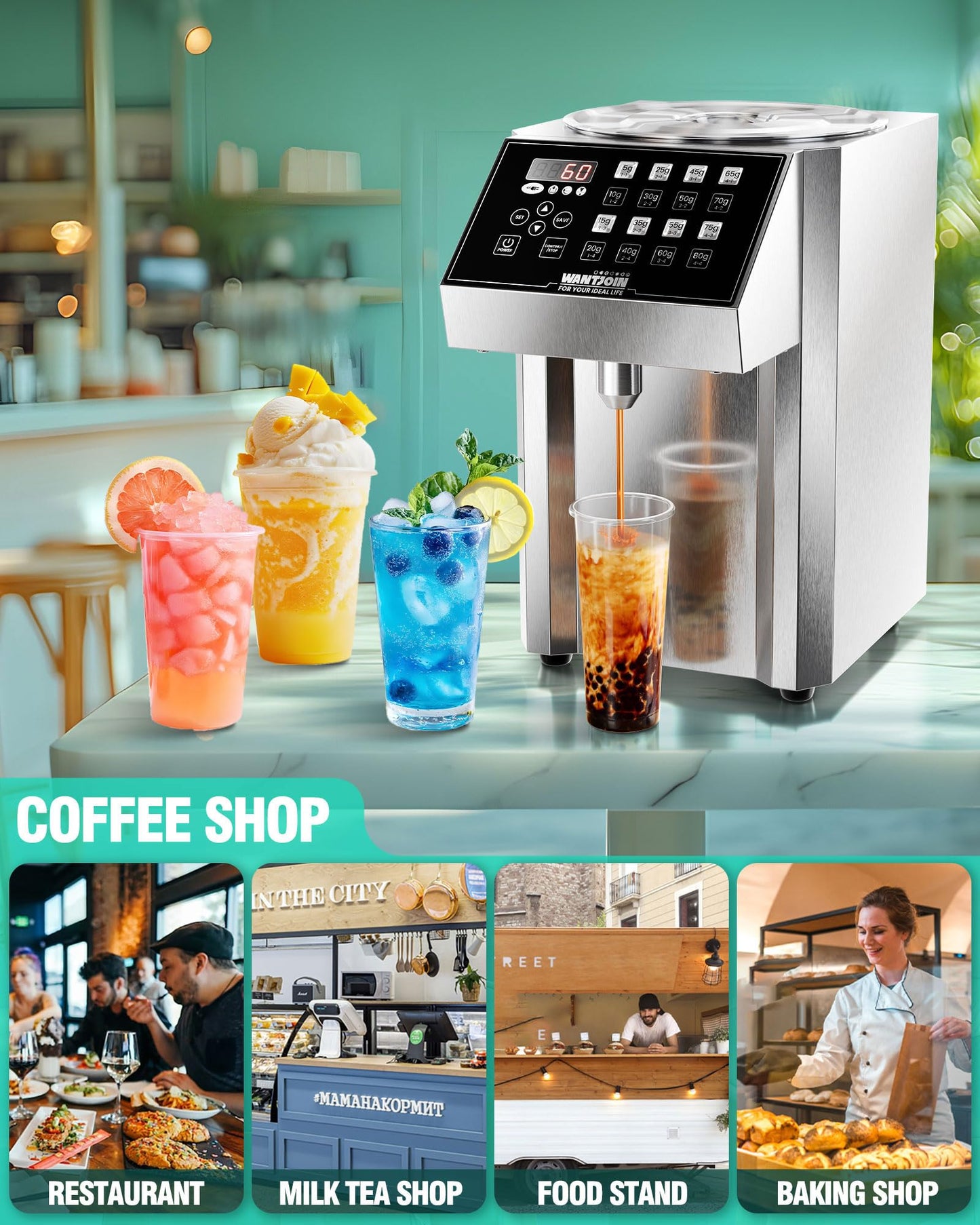 WantJoin Fructose Dispenser - 16 Weight Settings Automatic Syrup Dispenser Machine Commercial 8L/8.5Qt Quantitative Machine for Beverage with Measuring Cup Mixing Stick Bubble Tea Equipment