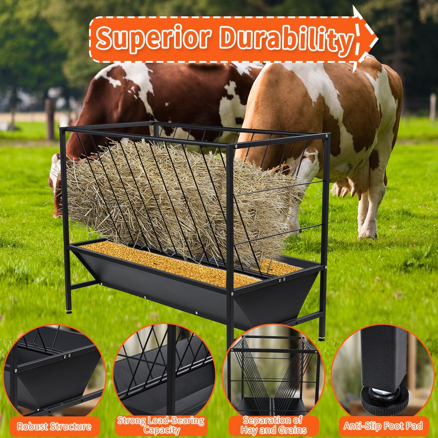 Yahpetes Pasture Hay Feeder 2 in 1 Goat Feeder 69 Gallon Capacity Livestock Rack 42.9''L X 20.5''W Hay Grain Livestock Feeder with V-Shaped Top Rack & Feed Pan for Sheep Farms Sheds