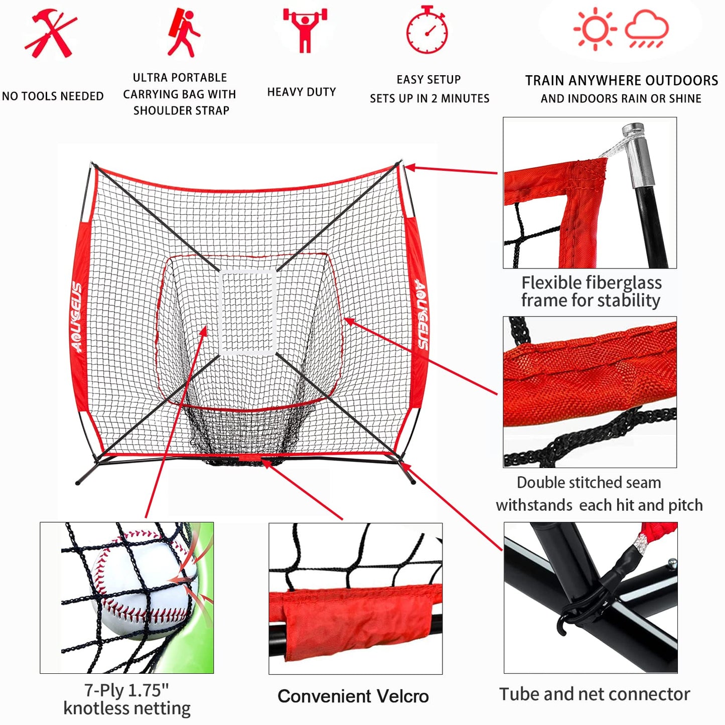 AOLIGEIJS 7'X7' Baseball Softball Practice Net,Pitching Net, Batting Net,with Tee,Bonus Strike Zone and Bow Frame,for Hitting,Pitching, Catching,with Carry Bag (Basebll Net+Batter Dummy) Red