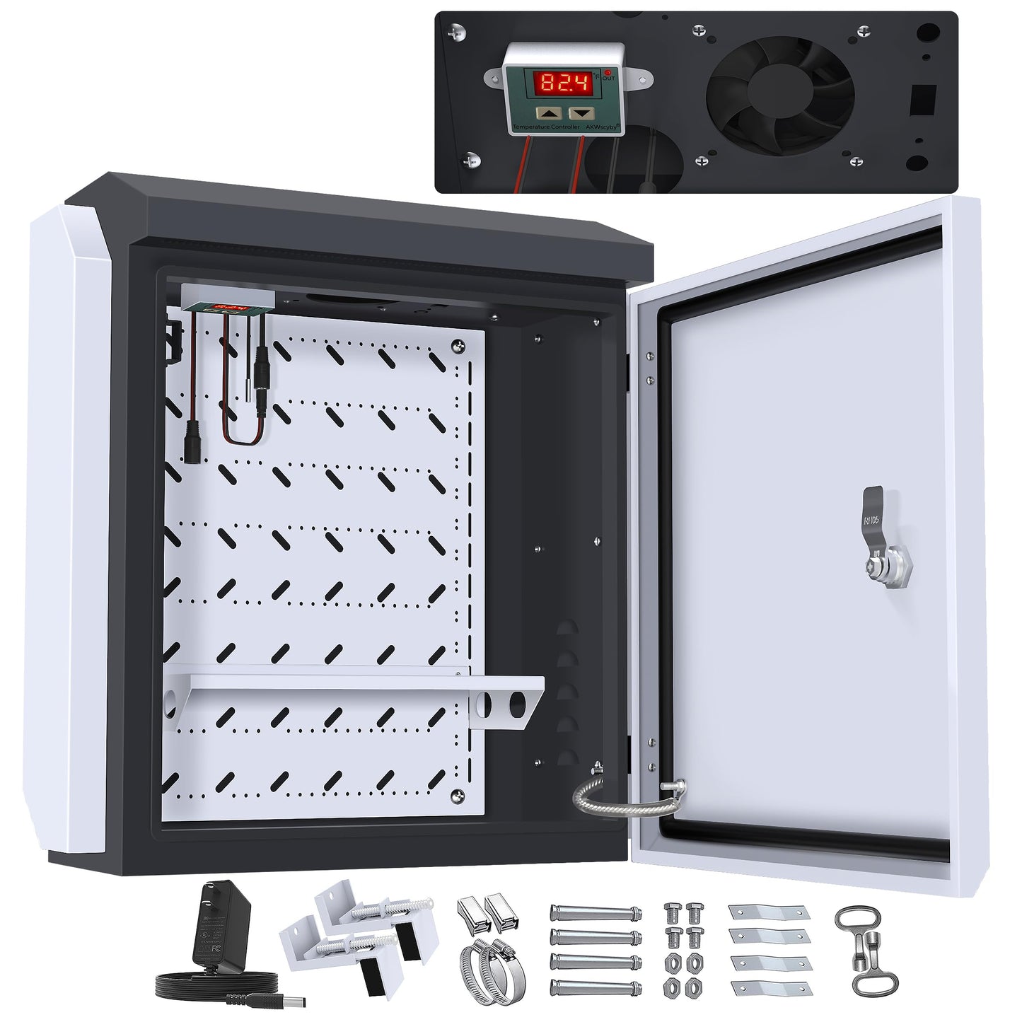 Akwscyby Outdoor Electrical Box with Thermostat and Fan, Precise Temperature Control 0.1°F, IP65 Water Resistant Rating, Galvanized Steel, Aluminum Rear Beam(21.7" x 17.3" x 9.0")