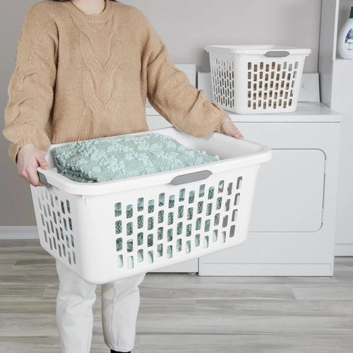 Large Plastic Laundry Basket by [Brand Name] - 2 Bushel Capacity with 4 Comfort Grip Handles, White