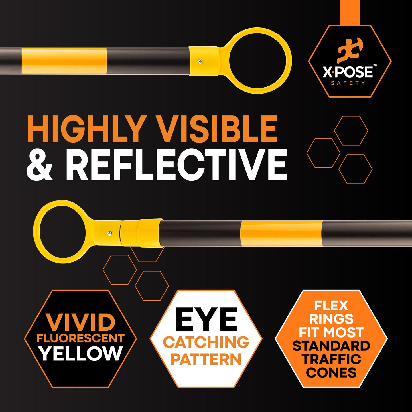 Xpose Safety Reflective Retractable Barrier for Traffic Cones – 6 Pack, Yellow/Black, Expandable 72″–120″ for Construction, Parking & Crowd Control