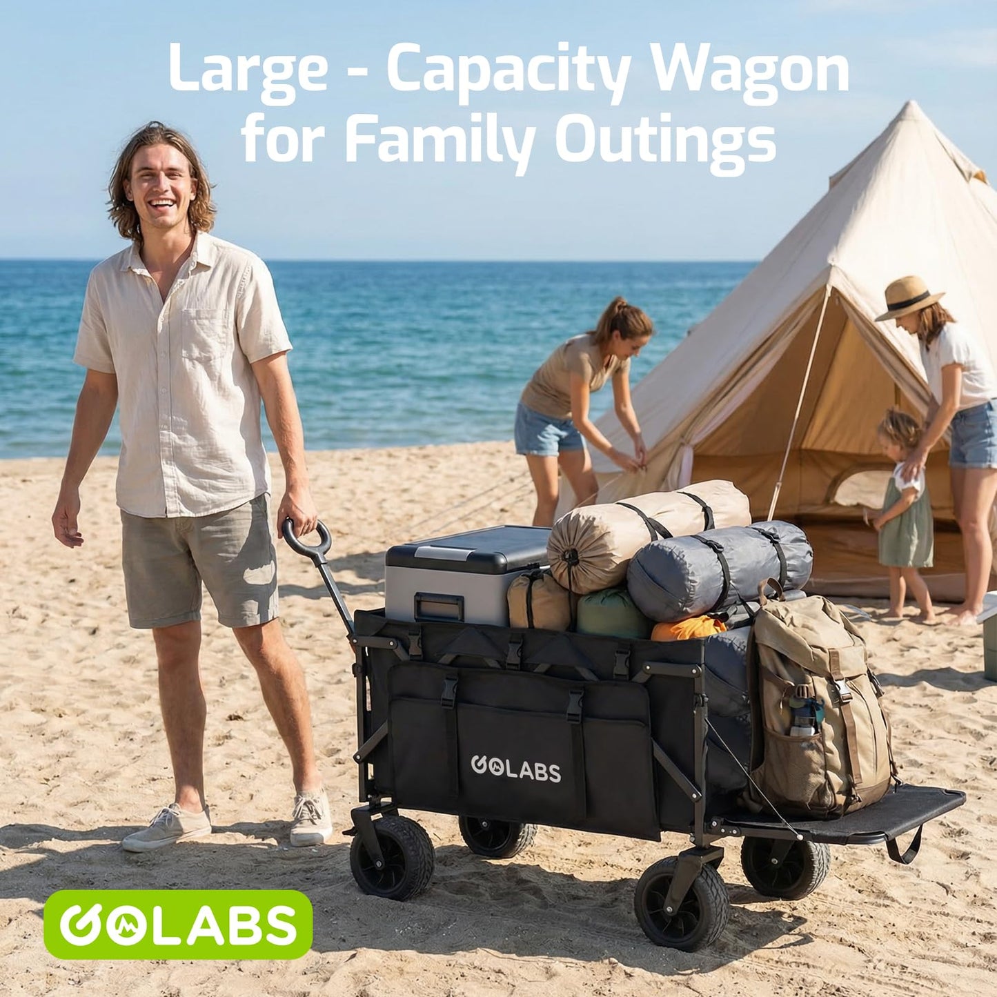 Golabs WA2 Wagon Cart Max 560lbs Load & Expandable Storage Max 280L(2 Side Strap), Heavy Duty Beach Wagon with Brakes, 7×4" Big All-Terrain Wheel, 3S Quick Fold Design for Garden & Camping & Beach