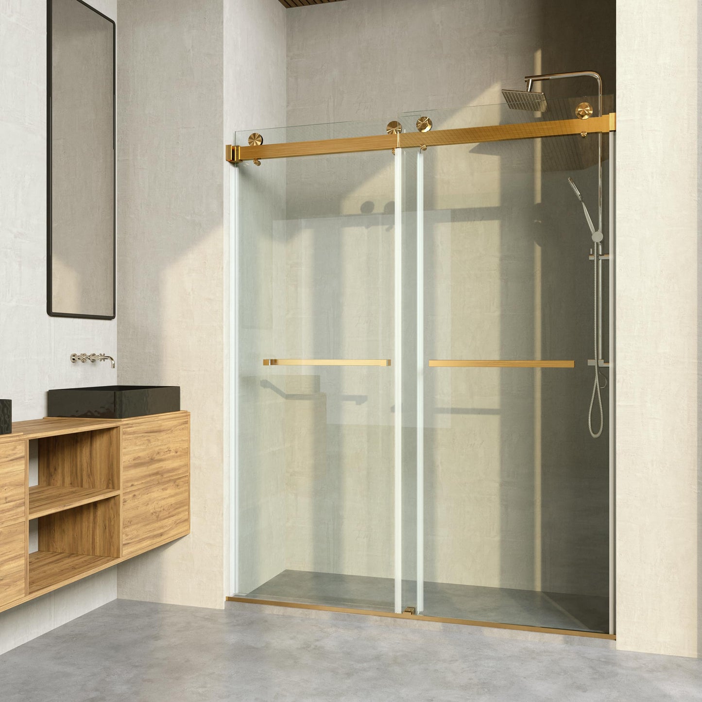 CRISSENSSI Frameless Shower Door, 68"-72" Wide, 76" high, 3/8" (10mm) Clear Tempered Glass with Towel bar, Double Sliding Door, Brushed Gold Finish DS01
