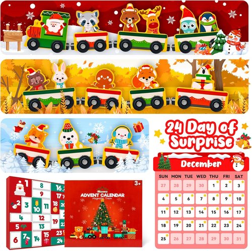 Commodum Christmas Advent Calendar - Magnetic Wooden Animals Train Set for Kids | 24 Days of Fun