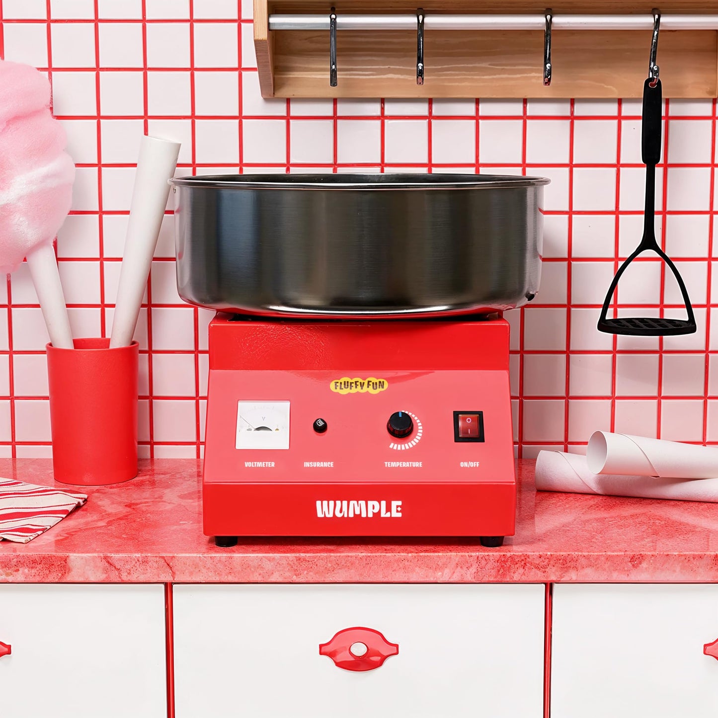 Wumple Cotton Candy Machine - 1000W Commercial-Grade Electric Cotton Candy Maker - 3-Minute Heat-Up - Stainless Steel Bowl - for Parties, Carnivals & Home Use - Red