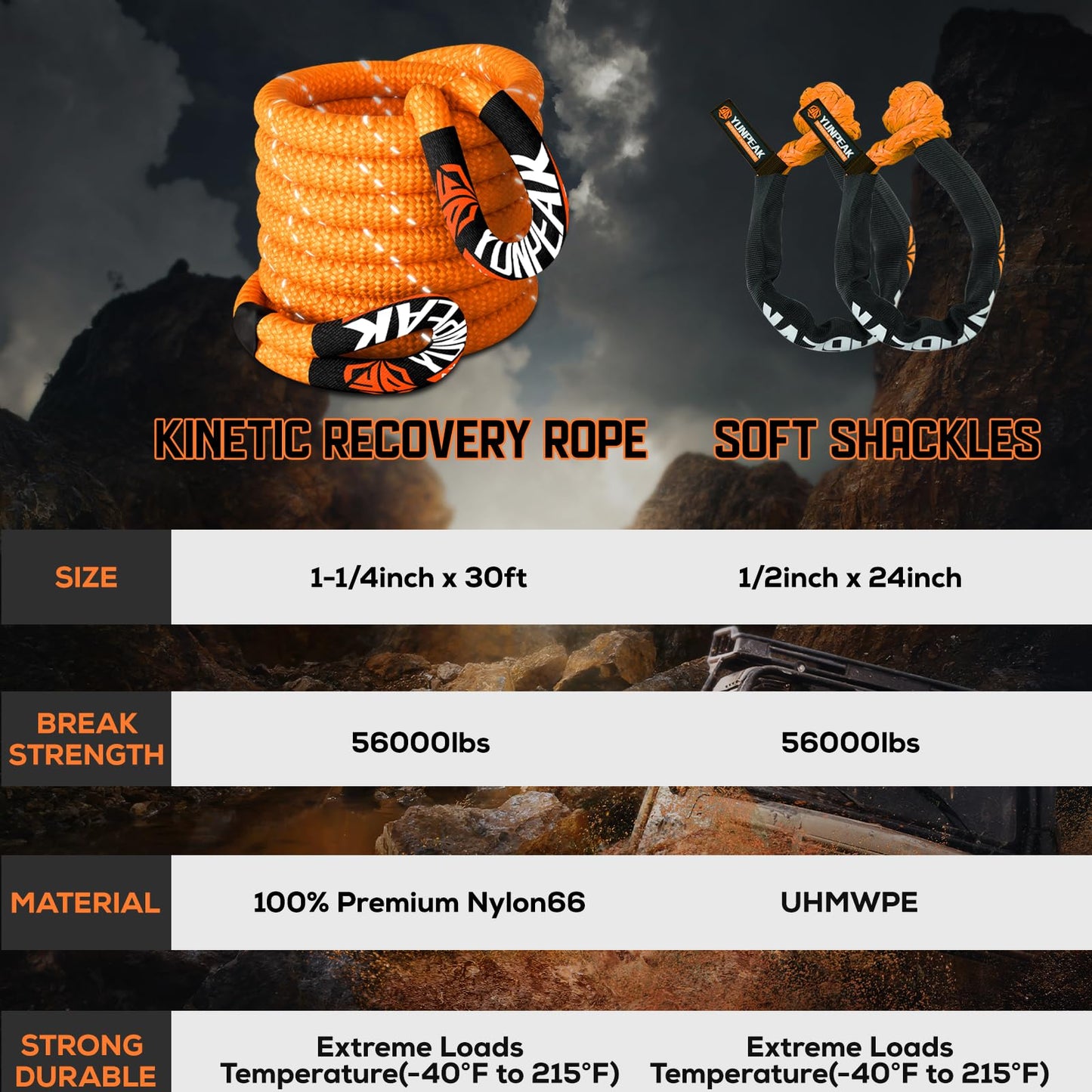 YUNPEAK 1.26" x 30ft Heavy-Duty Kinetic Recovery Rope – 56,000lbs Break Strength – Includes 2 Ultra-Strong UHMWPE Soft Shackles – Ideal for Trucks, SUVs, Jeeps, UTVs, ATVs & Tractors (Orange)