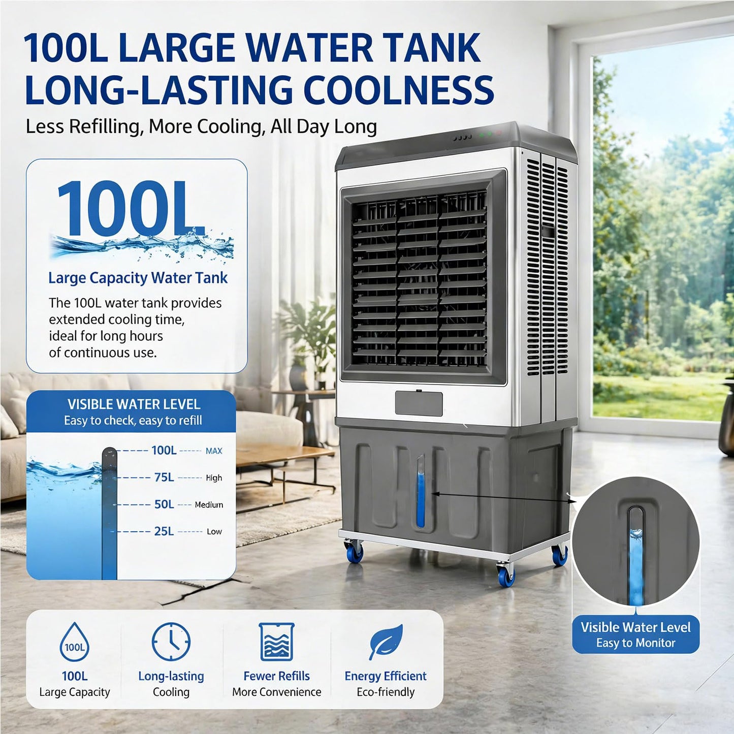 Portable Evaporative Air Cooler with 100L Auto Fill Water Tank, 3-Speed Fan, Oscillation, Manual Louvers, Ice Boxes, Lockable Wheels, for Large Rooms, Workshops, Garages, Patios.