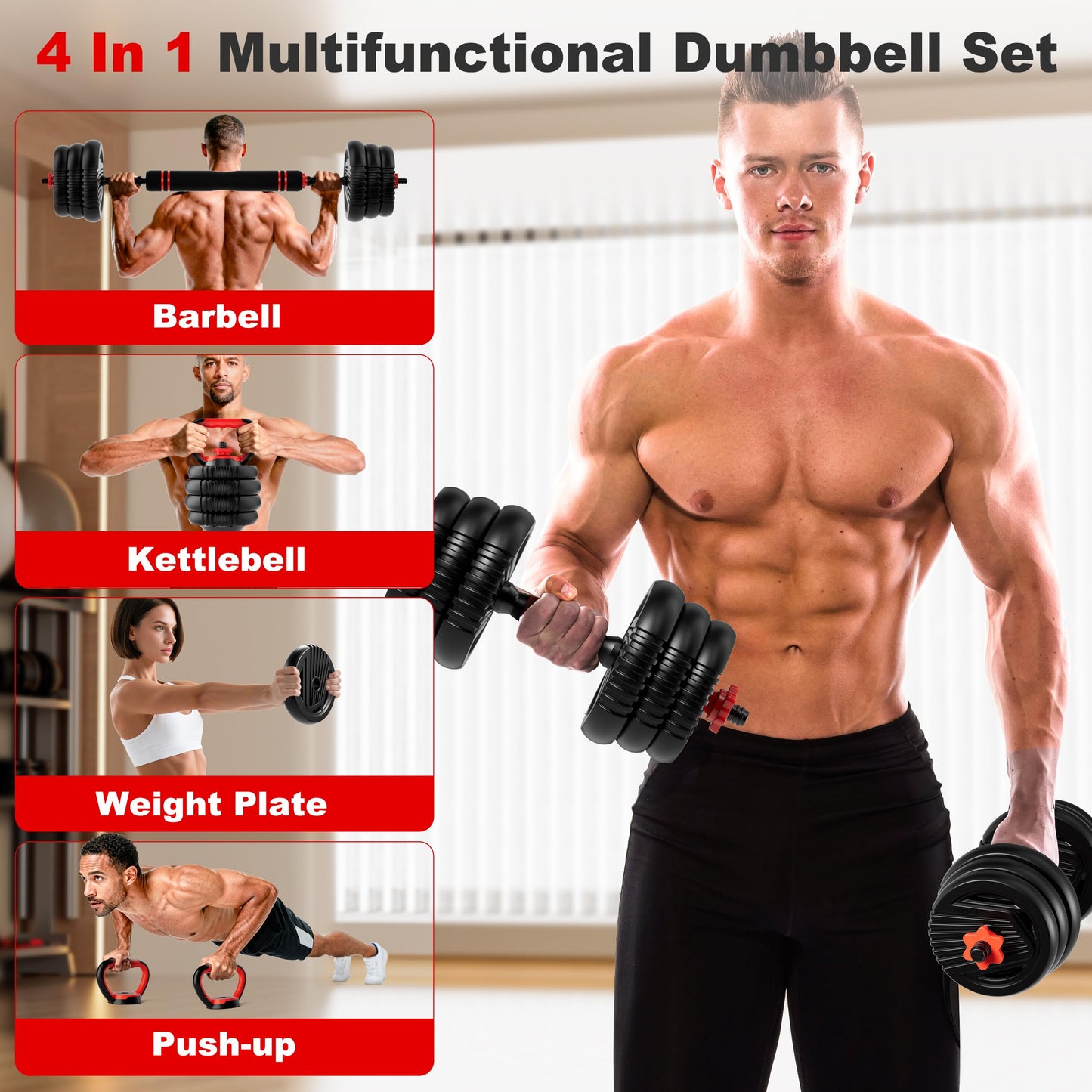 SCEPKN Adjustable Dumbbell Set, 10/20/30/45/70/90lbs Free Weight Set with Connector, 5 in1 Dumbbells Set Used as Barbell, Kettlebells, Push up Stand,Weight Plate, Fitness Exercises for Home Gym Suitable Men/Women