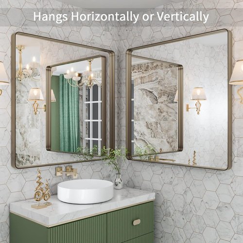 LOAAO 36”X36” Bronze Bathroom Mirror - Rounded Rectangle Design with Anti-Rust Frame | Versatile Hanging Options