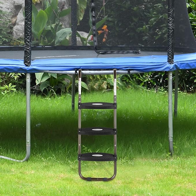 HBTower Trampoline Ladder, 3-Step Trampoline Steps with Horizontal Wide Steps, Skid-Proof Steps Universal Hook, UV Treated Steel, 220Lbs Capacity Trampoline Stairs Accessories for Kids/Children
