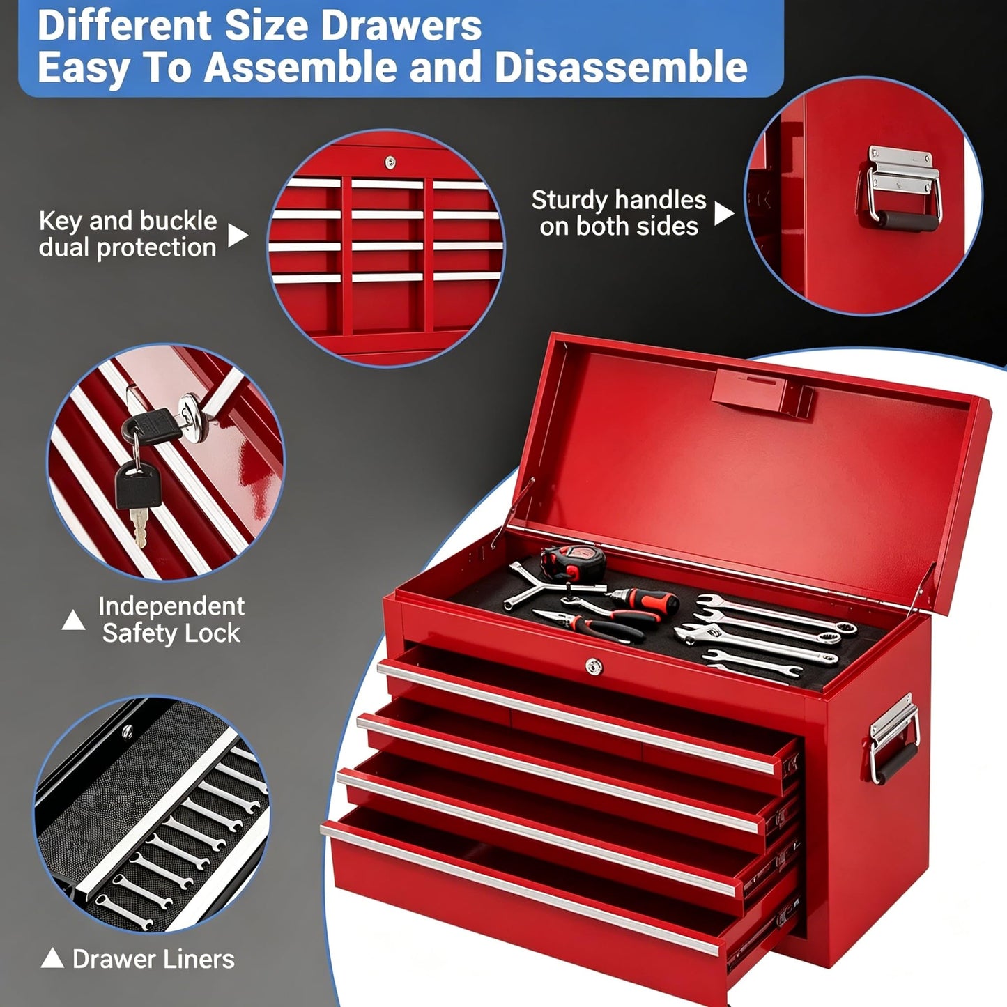 Heavy Duty 5 Drawer Tool Chest, Rolling Tool Box Cabinet on Wheels, 2-in-1 Detachable Metal Tool Storage Organizer for Garage and Workshop, Locking Steel Tool Cart with Portable Top Tool Box, Red