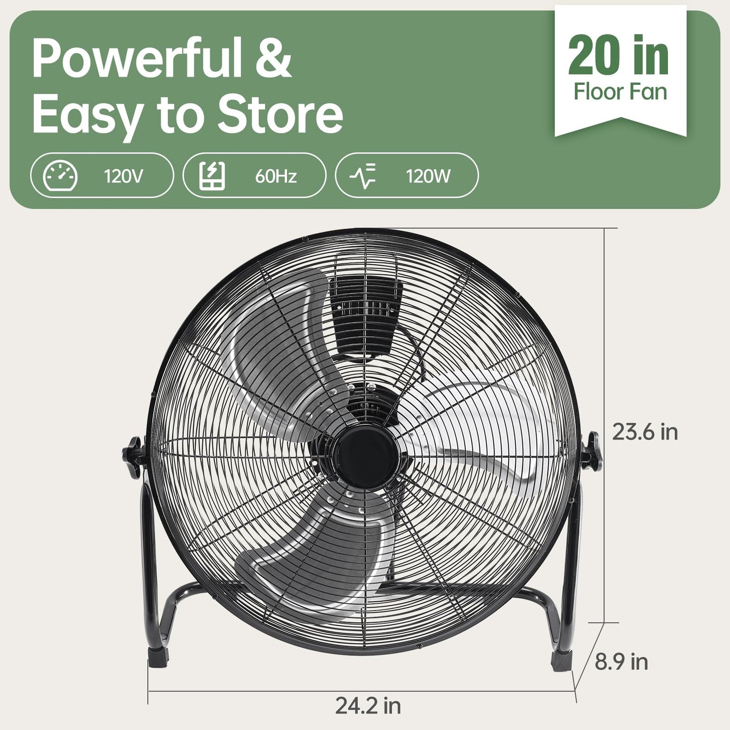 OLIXIS 20'' Industrial High-Velocity Floor Fan, 3-Speed Metal Fan with Carry Handle, Quiet Standing Drum Fan with 120° Adjustable Tilt, Max 3522 CFM for Garages, Workshops, Large Commercial Spaces