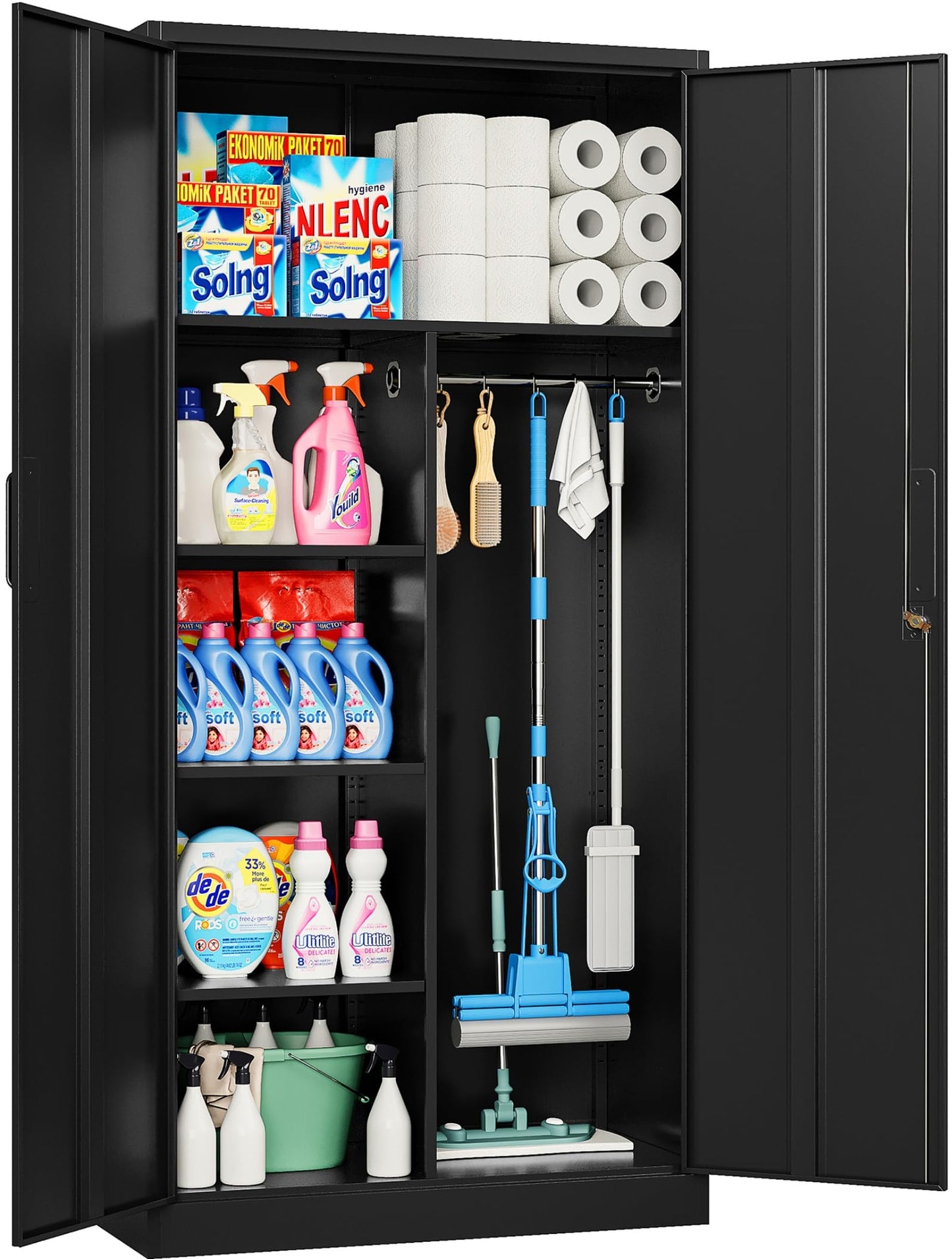 Wide & Deep Metal Storage Cabinet with Hanging Rod,Black Broom Closet Storage Cabinet with Lock,72" Tall Wardrobe Cabinets with Doors and Shelves,Locking Steel Tool Cabinets for Home,Office,Garage