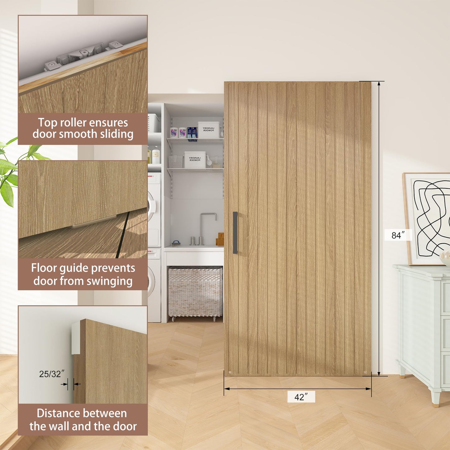 JUBEST 42"x84" Concealed Sliding Barn Door with Soft Close Hardware Kit, Light Brown Hidden Door for Opening 38"-40"x80", Waterproof and Modern, Smooth Sliding, for Interior Using, Widely Used
