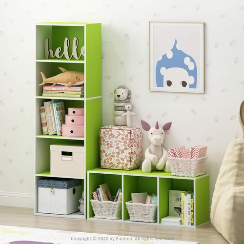 Furinno LUDER 3-Cube Bookshelf - Easy Assembly Bookcase for Living Room, Bedroom, Home Office | White/Green