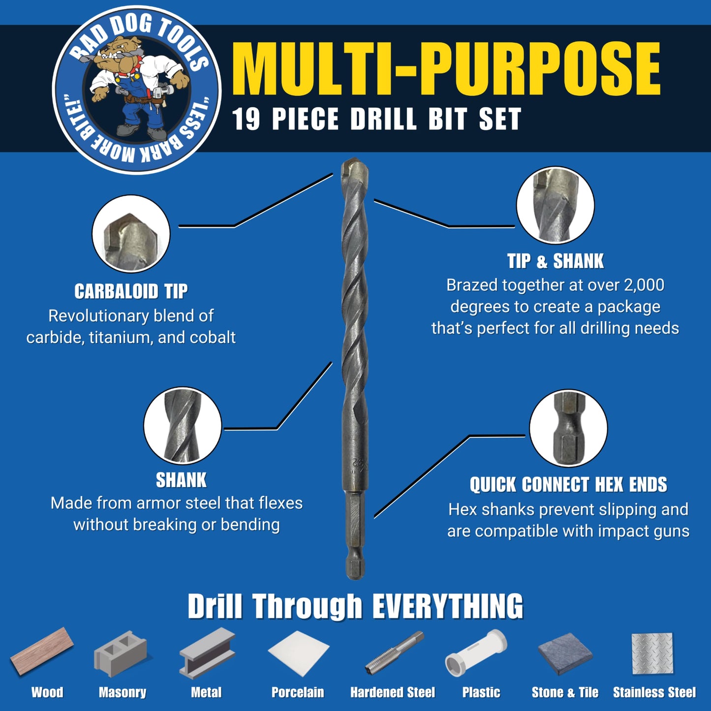 Bad Dog Multipurpose Drill Bits (19 Piece) with Diamond Sharpener Wheel
