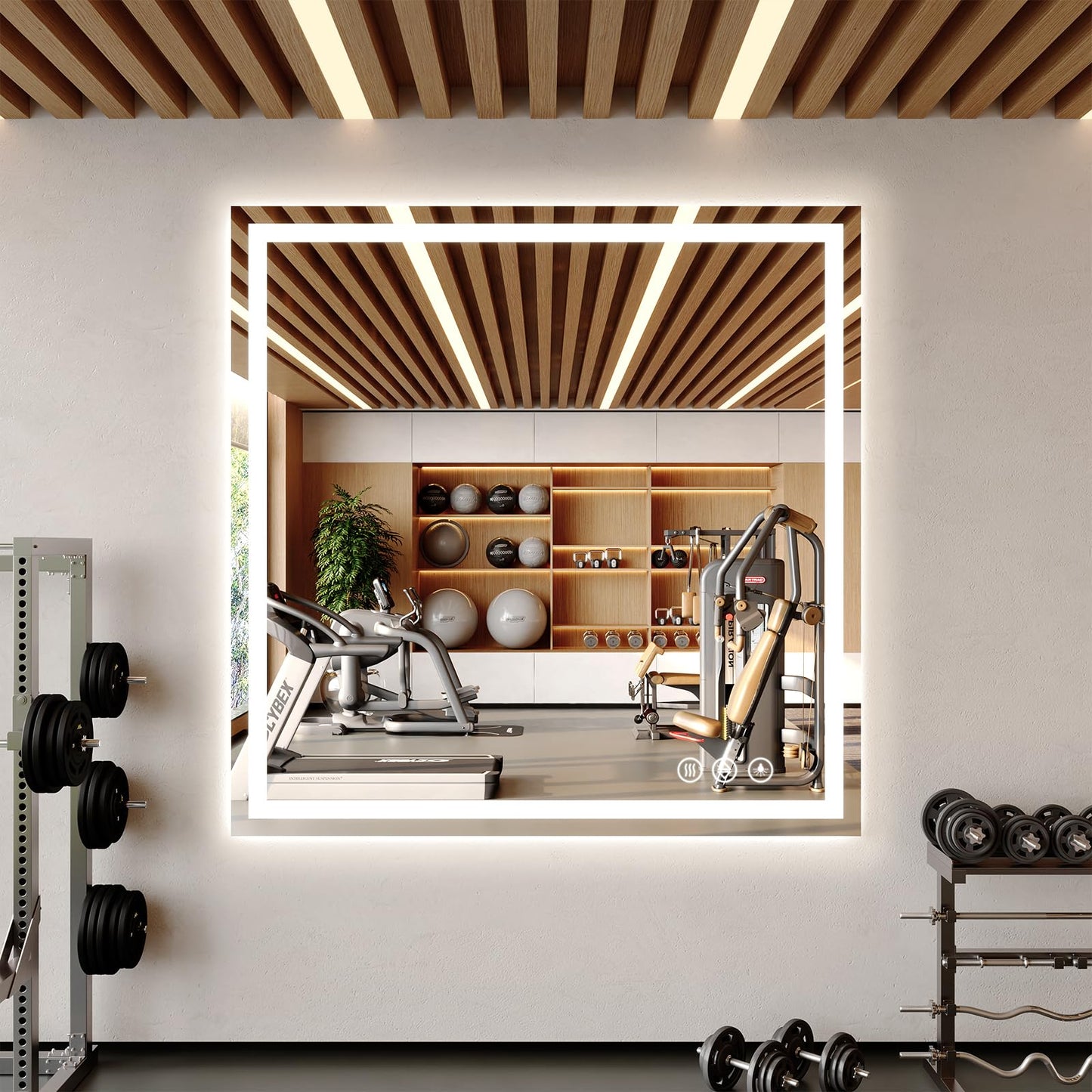 Koonmi Home Gym Mirror, 47"x47" Heavy Duty Large Seamless Tempered Glass Wall Mirrors with LED Lights for Gym, Workout, Yoga, Fitness, Dance Studio, Home, Exercise Room, Bathroom