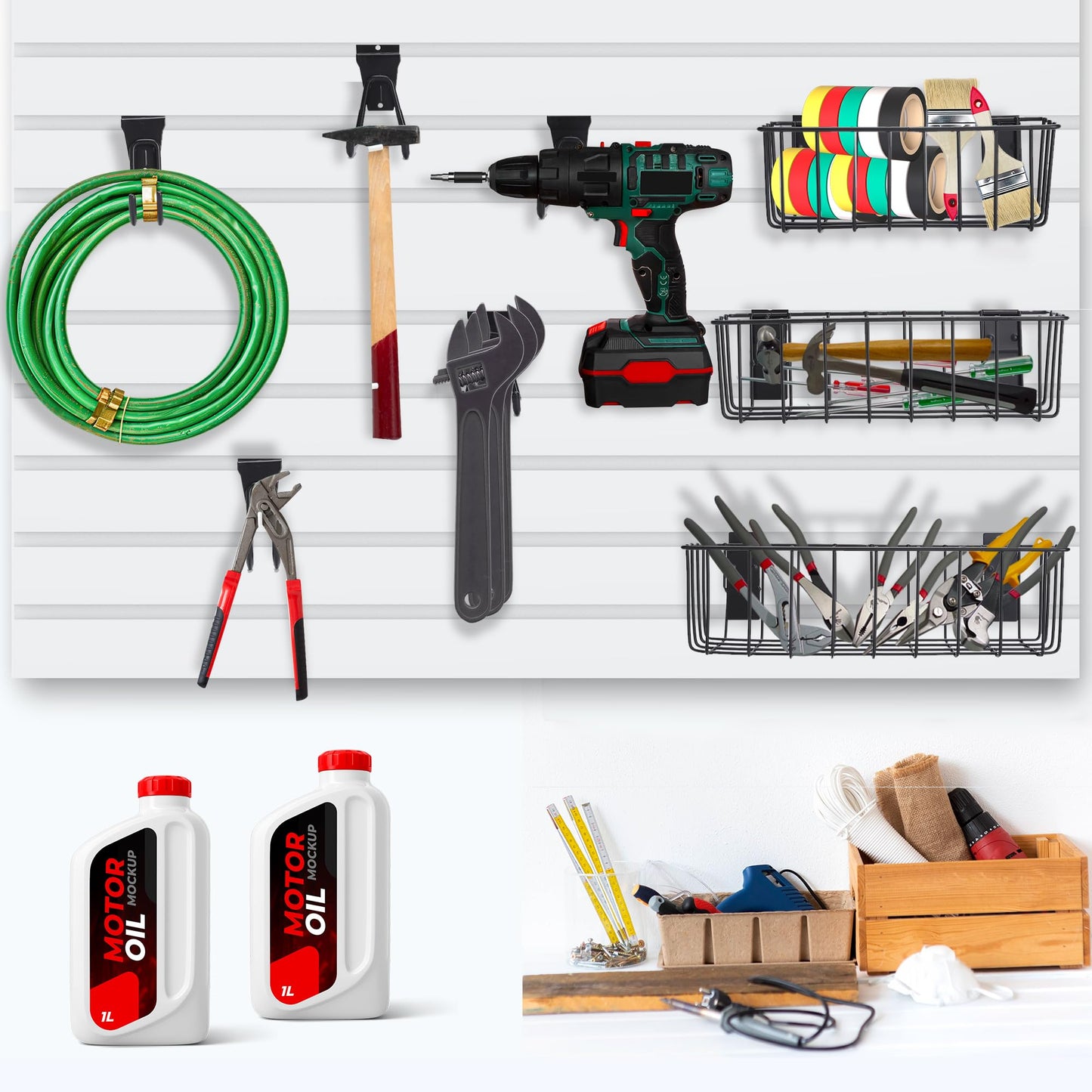 MENEONE Heavy-Duty Slatwall Baskets and Hooks - Slatwall Accessories for Standard Slatwall Panels | Ideal for Organizing Garages and Workshops