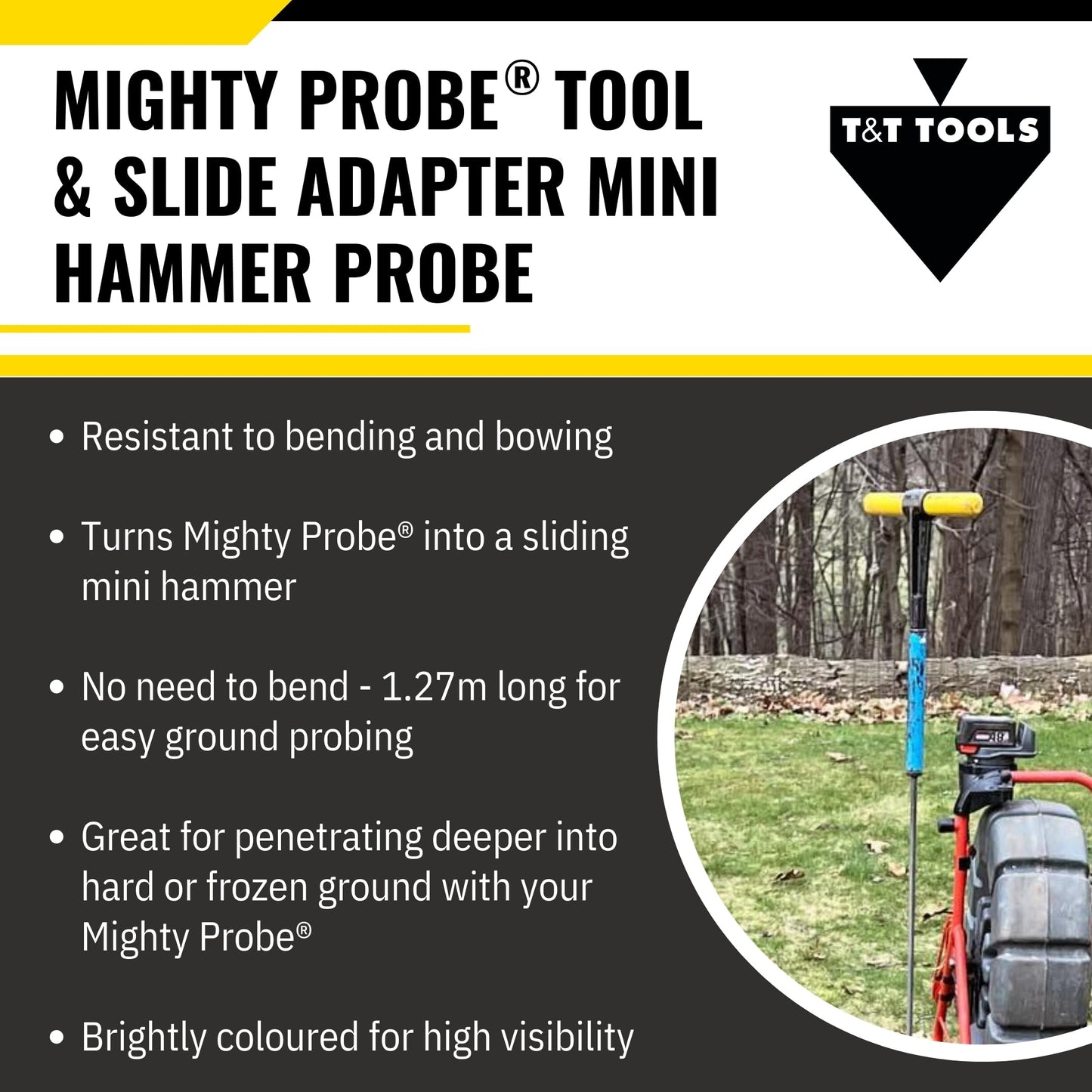 T&T Tools Mighty Probe With Slide Adapter - Mini Hammer Probe, Professional Soil Sampling Tool for Septic, Drainage, Landscaping and Utility Inspection, Durable 3/8 Metal Hex Rod, 50 Inch (127cm long)