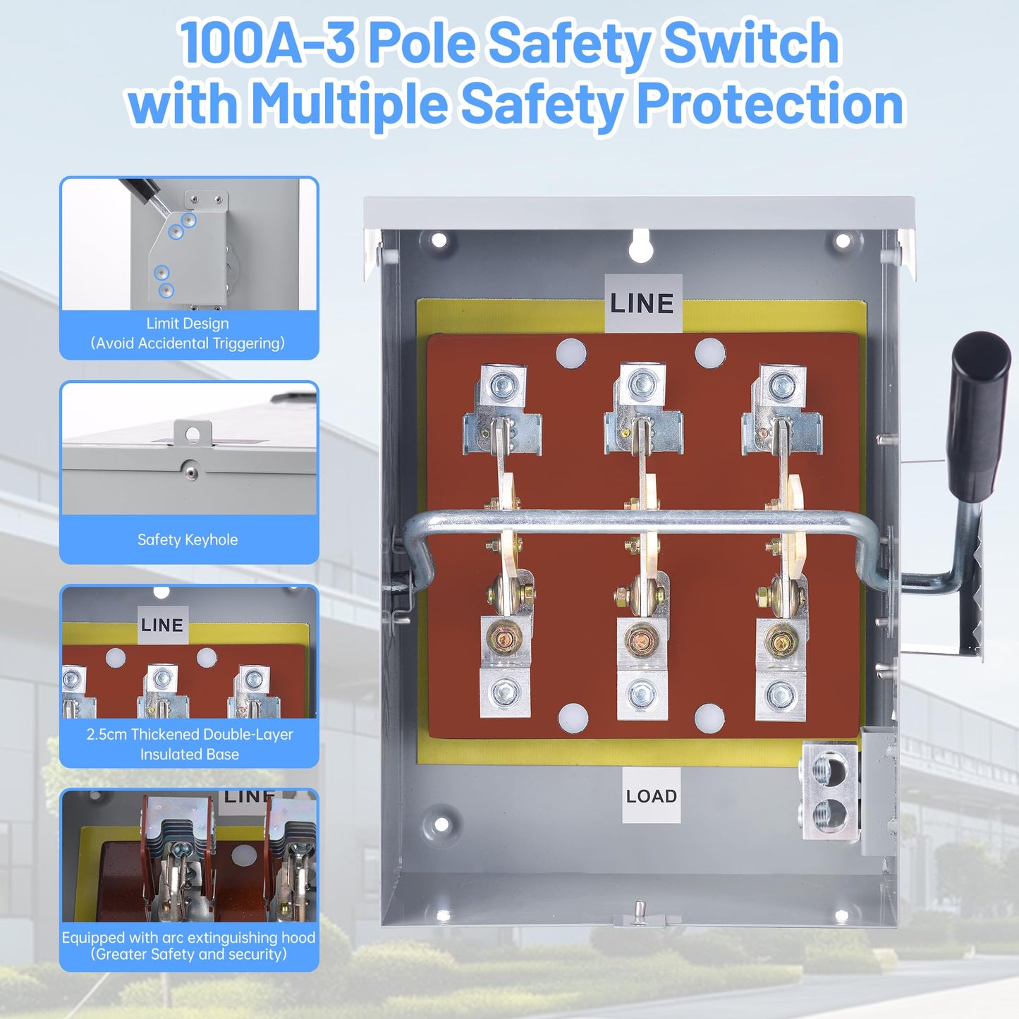 100 Amp Disconnect Switch Box, 120/240V 3 Pole Heavy Duty Safety Switch with Ground, Multi-Safety Protection Design, Non-Fusible, Galvanized Steel Enclosure, NEMA 3R Standards for Indoor and Outdoor