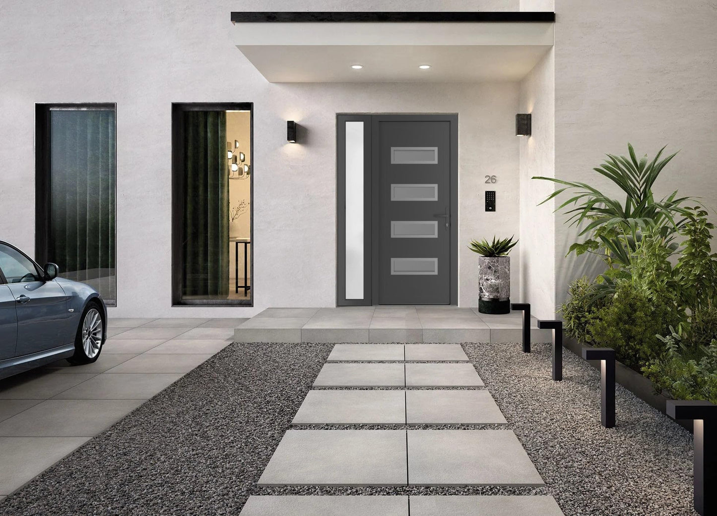 VDOMDOORS Front Exterior Prehung Metal-Plastic Door Frosted Glass | Manux 8113 Antracite Grey | Side Sidelite Transom | Residential Doors Entrance Patio Garage 44 x 80 (W32+12 x H80) Left-Inswing