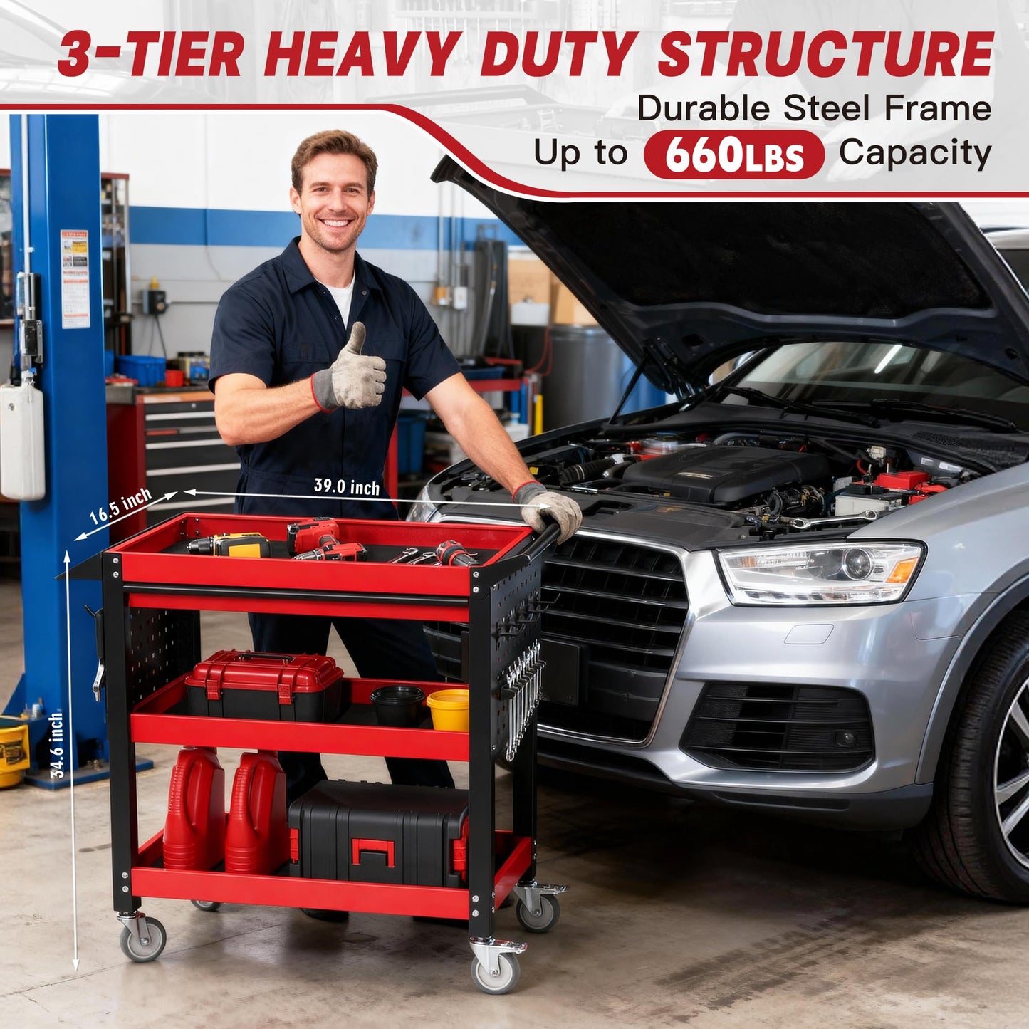 XCX 3 Tier Tool Cart on Wheels, Heavy Duty Metal Rolling with Drawers and Pegboards, 660 LBS Load Capacity Tool Storage Cart, Industrial Utility for Garage, Warehouse, Workshop