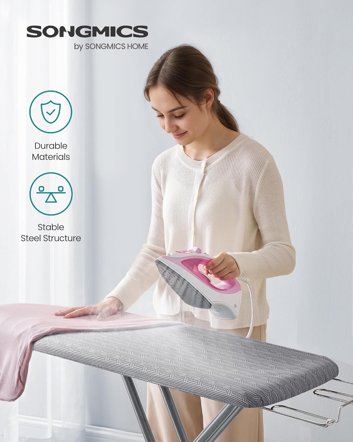 SONGMICS Ironing Board - Foldable & Height Adjustable Up to 35 Inches | 4-Layer Cover, Iron Rest & Hook, Dove Gray